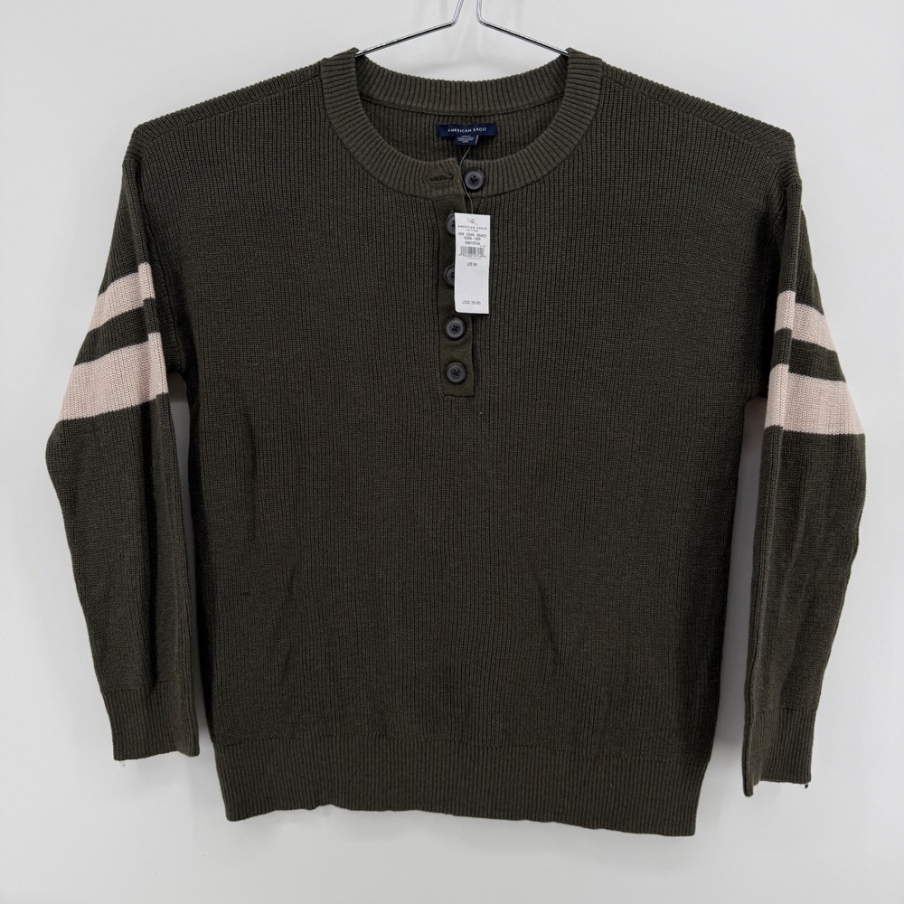 American Eagle Henley Sweater Men M Olive Green Striped Cotton Ribbed Knit New